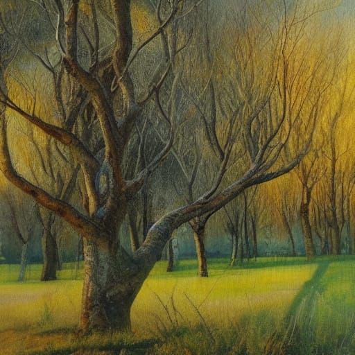 Surreal Poplar Tree in Ethereal Landscape Oil Painting
