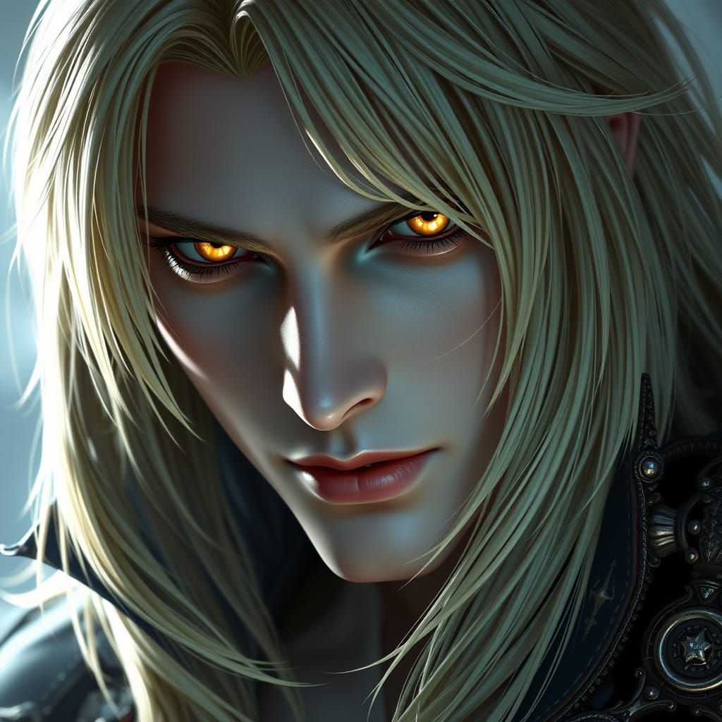 Ethereal Vampire with Golden Eyes in Fantasy Landscape