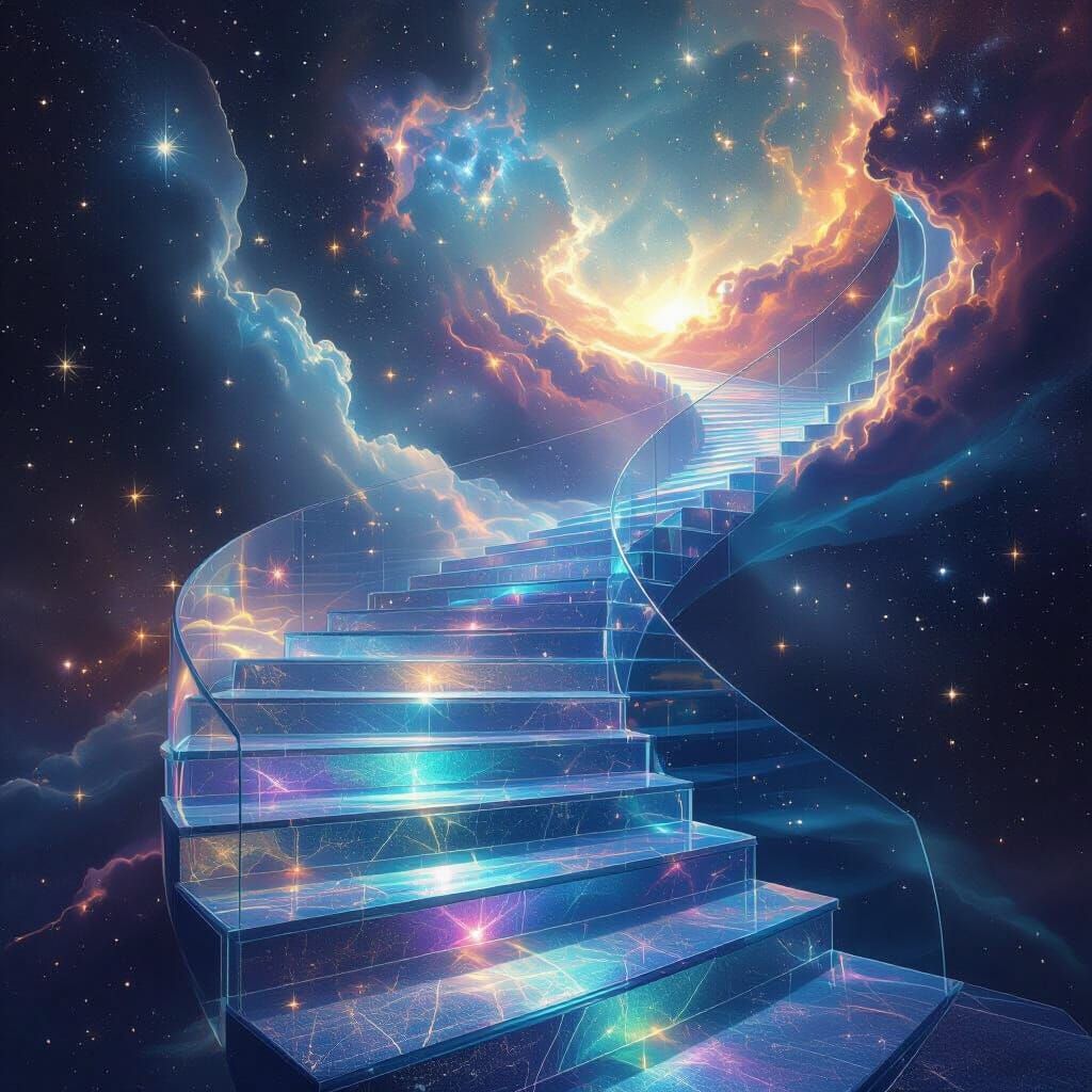 Glass Staircase Ascending into Cosmic Nebula