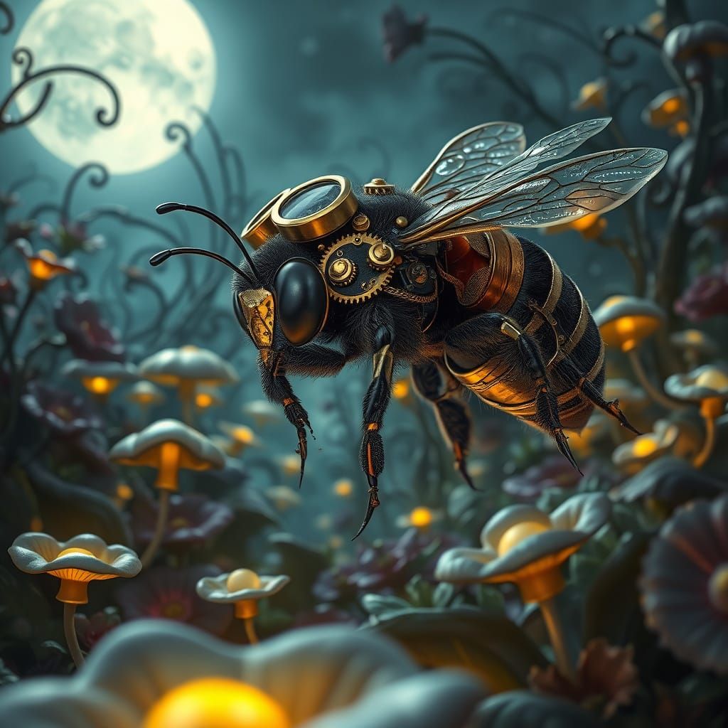 Steampunk Bee Illuminated by Moonlit Mushrooms