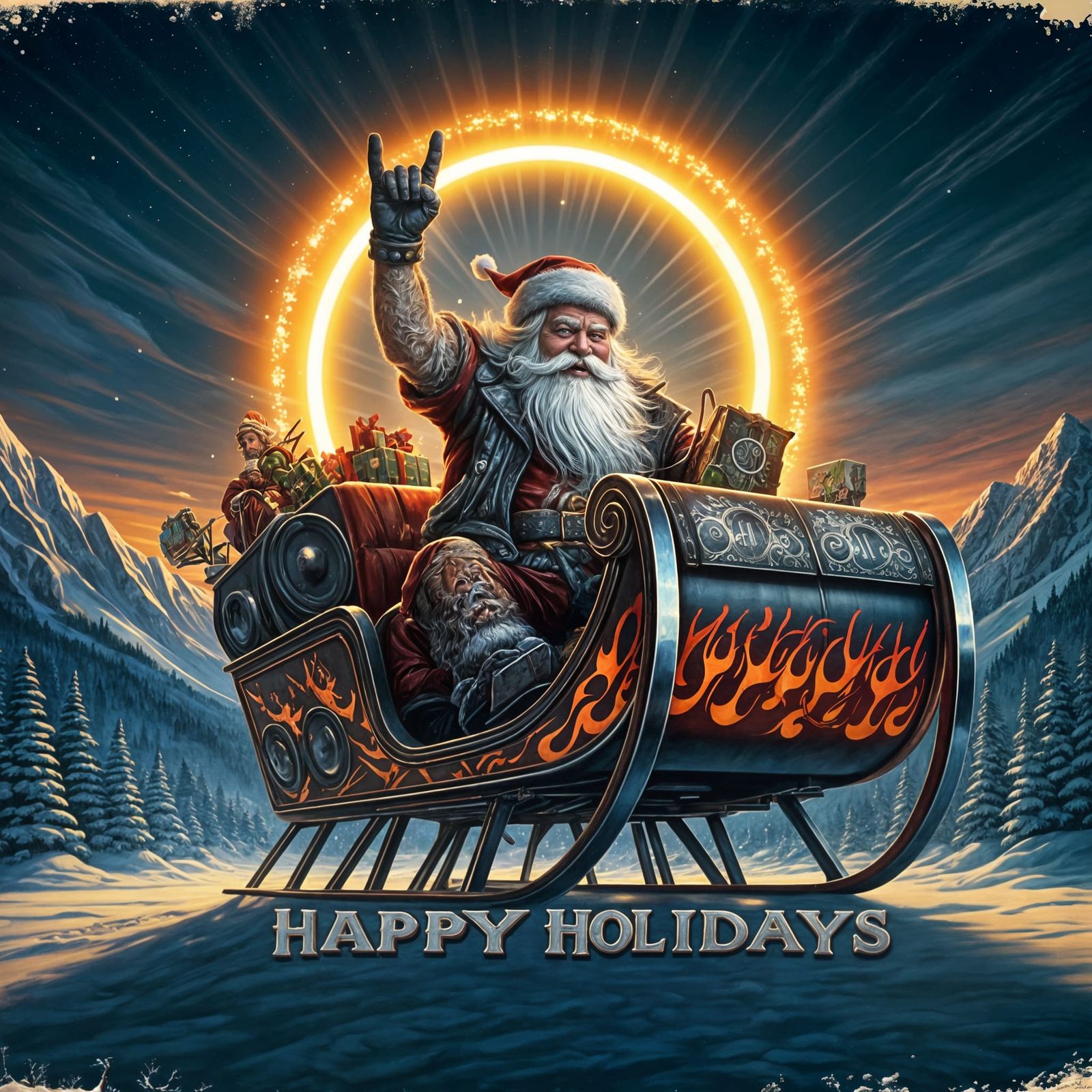 Hard Rock Santa on Sleigh Vintage Postcard