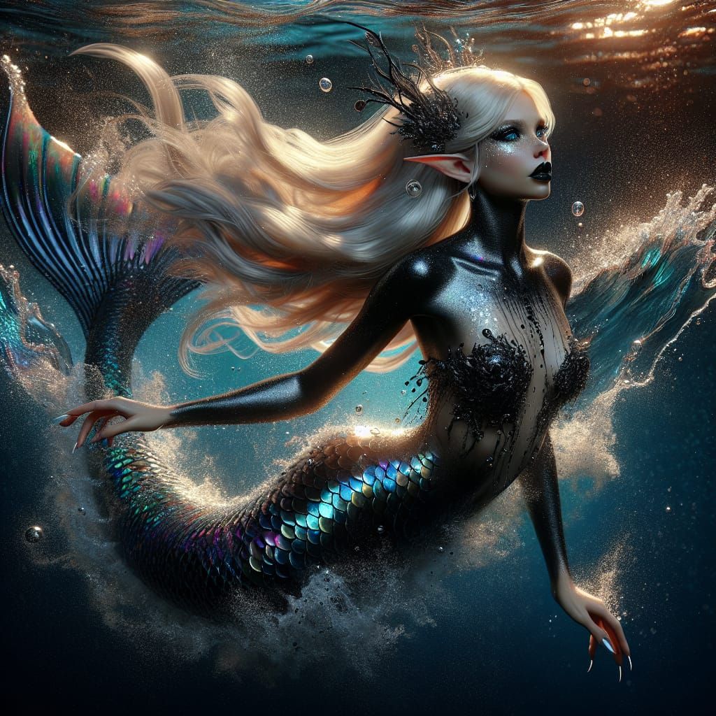 Gothic Mermaid with Black Scales Swimming Underwater
