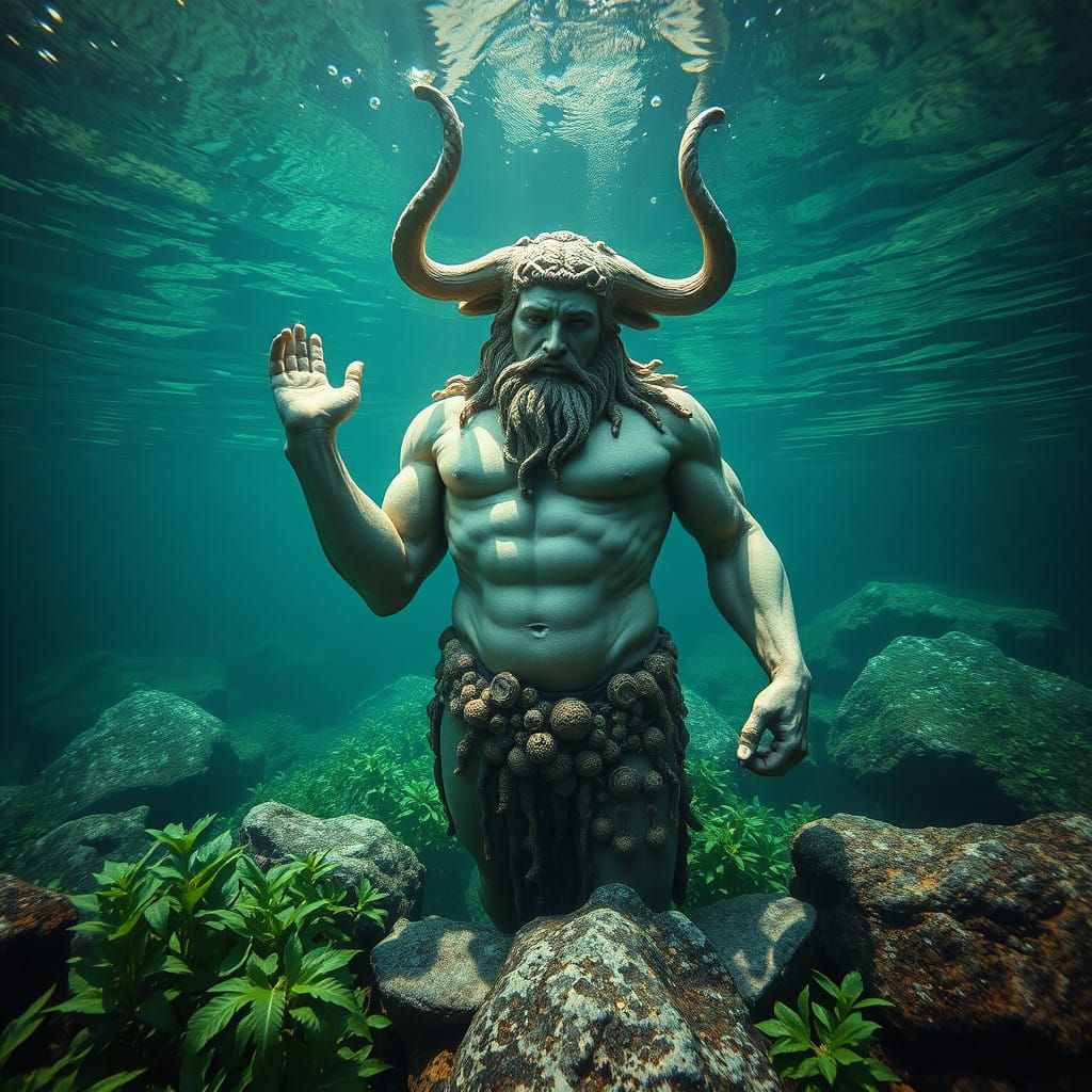 Mysterious Minotaur Statue Emerges from Tranquil Lake Depths