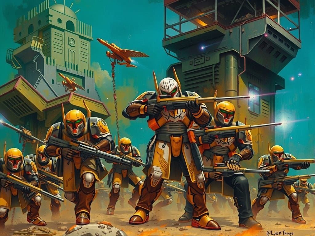 Hyperrealistic Warhammer 40K Tau Warriors in Yellow and Gray...