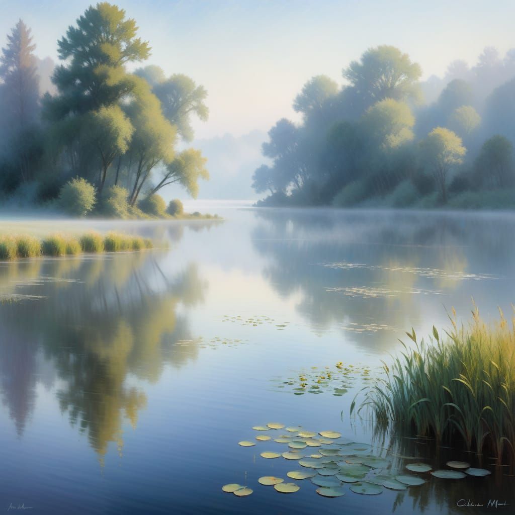 Misty Morning Lake Scene in Impressionist Style
