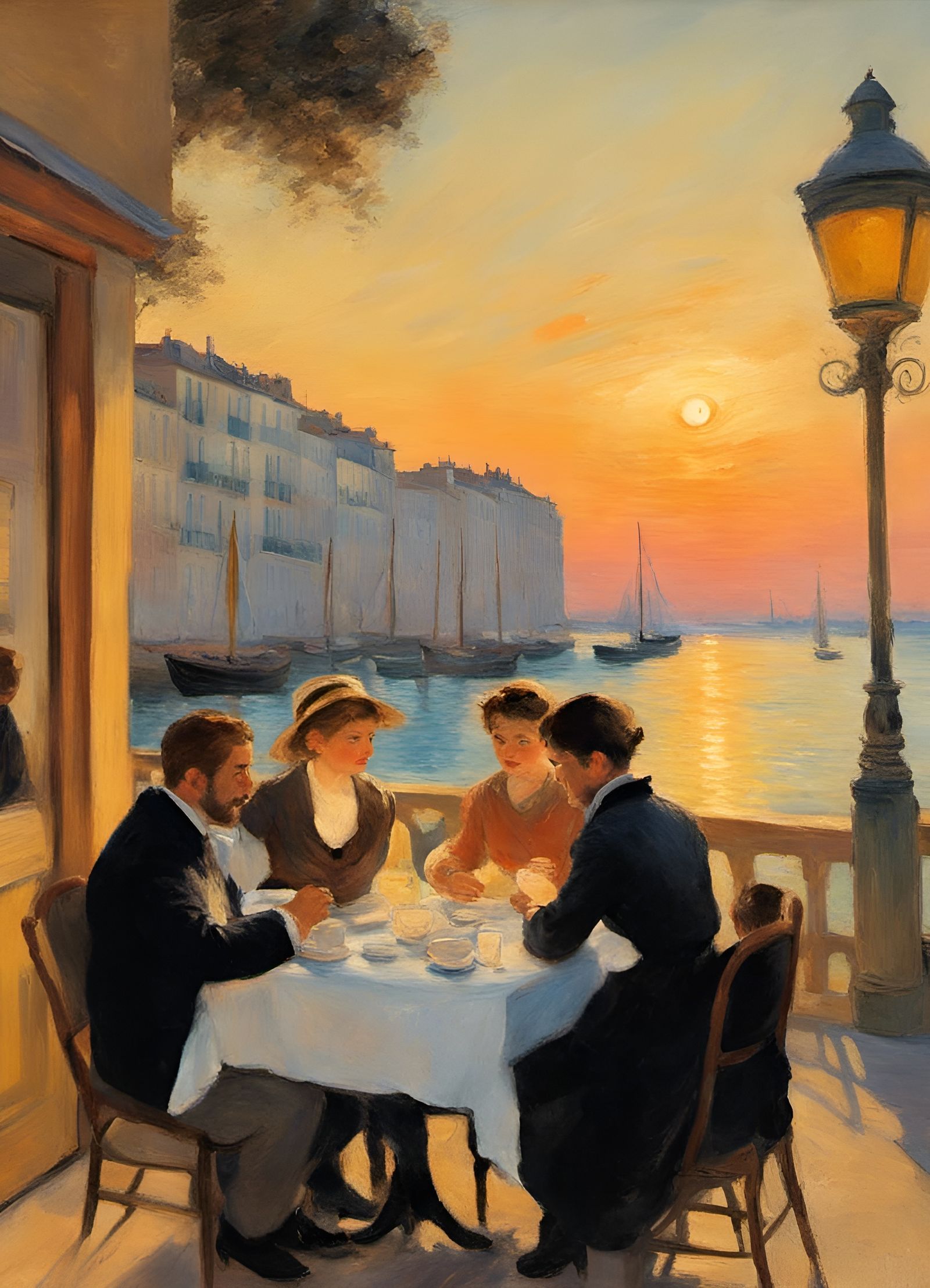 Family at Cafe in Marseilles: Impressionistic Style