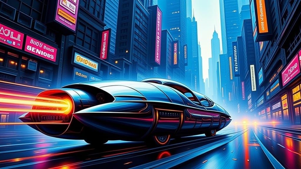 Cyberpunk Cityscape with Impasto Hovercars