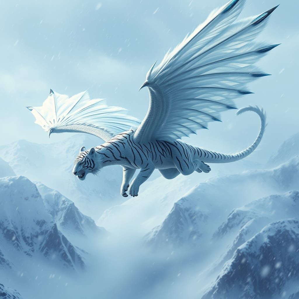 Colossal Striped Dragon Soaring Through Snowstorm