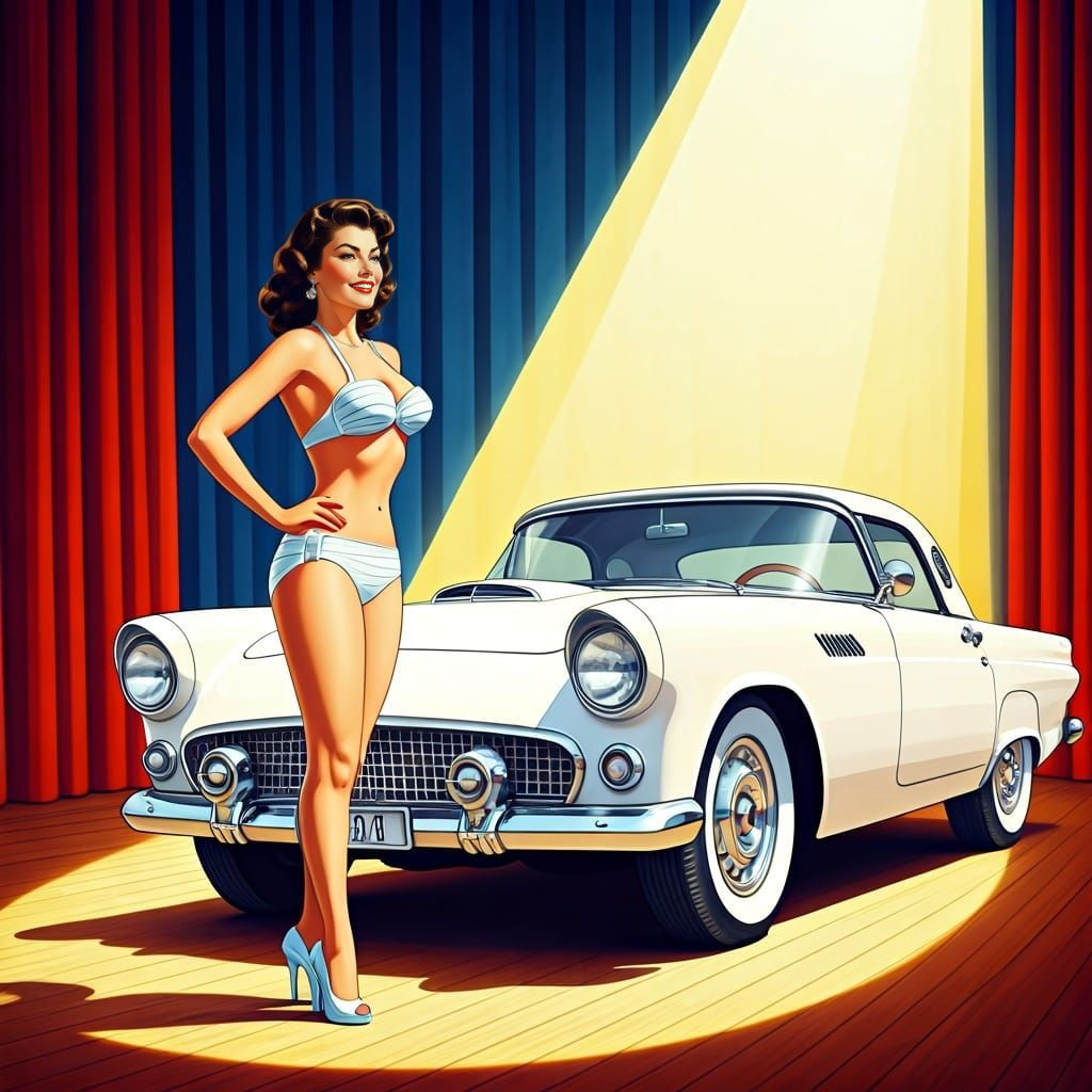 Stunning Woman Presents Classic Car in Watercolor Illustrati...