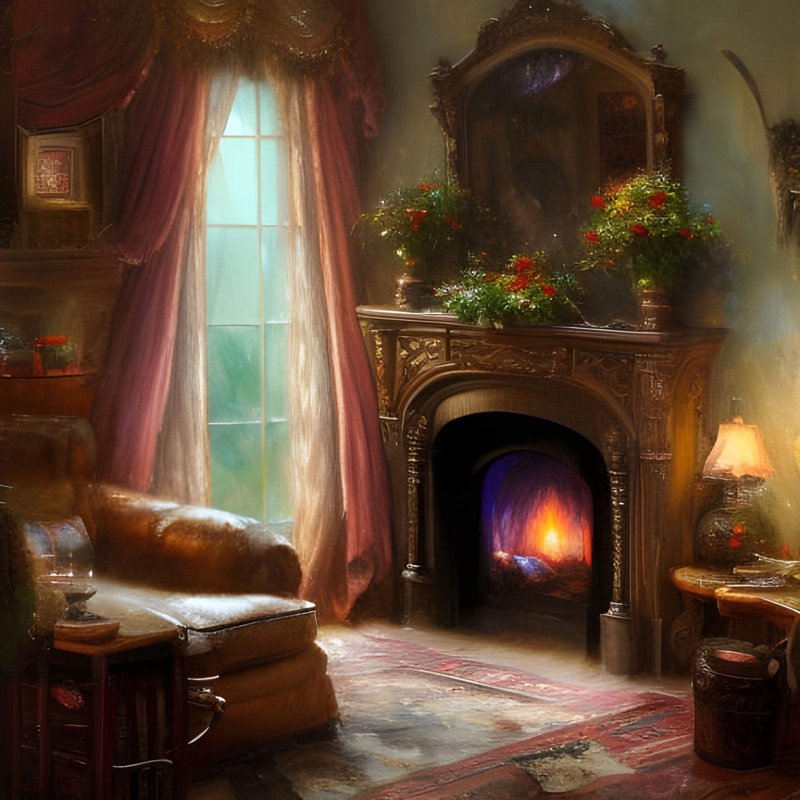 Cozy Cottage Interior in Oil Painting Style