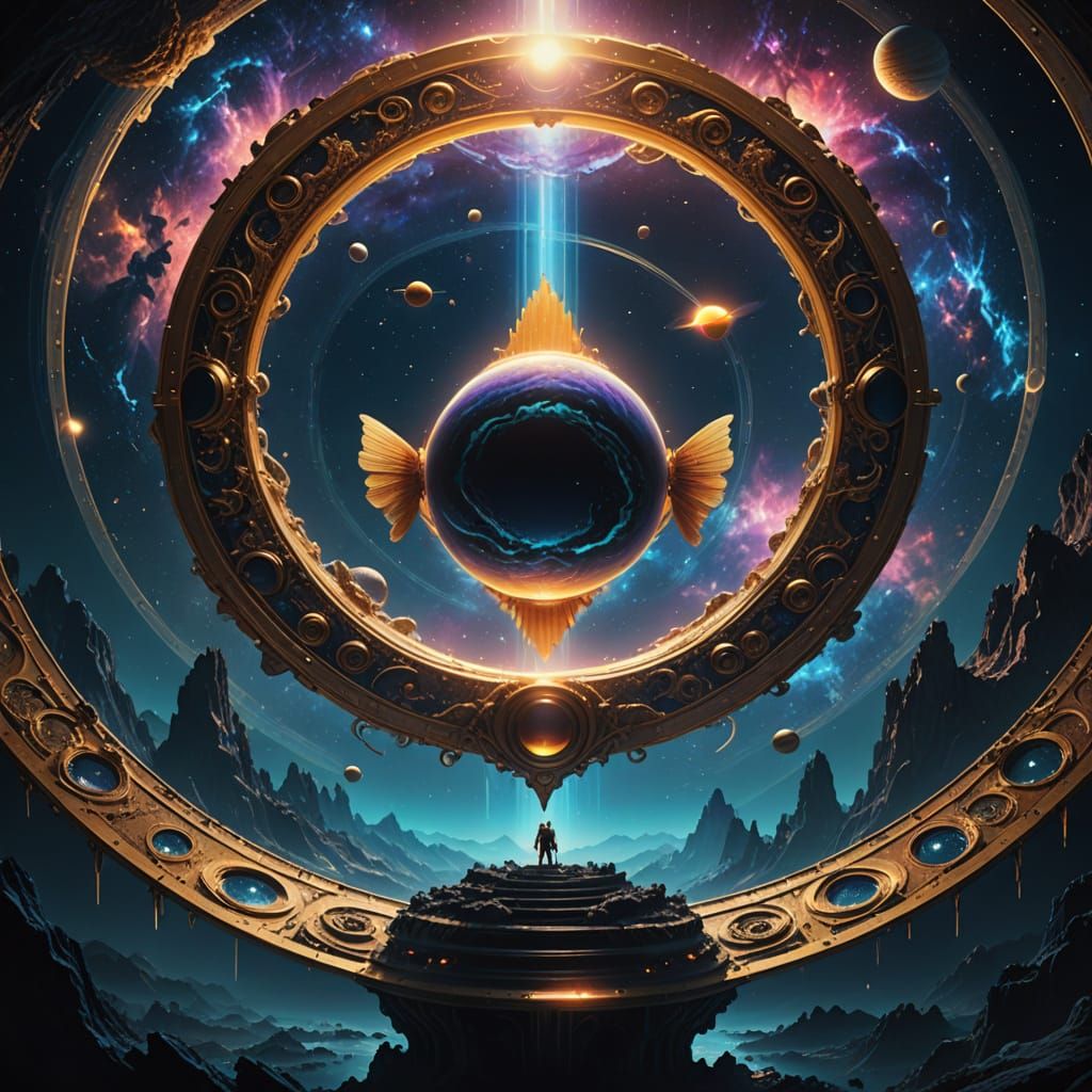 Epic Cosmic Scene: Three Winged Fish Amidst Saturn's Rings