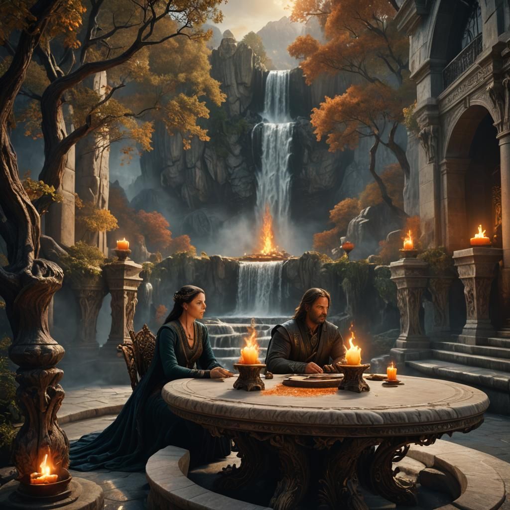 Aragorn and Arwen at Carved Marble Table