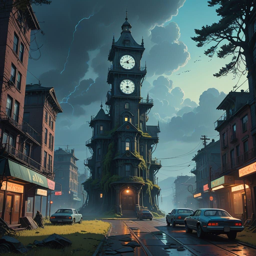 Ethereal Clock Tower Amidst Celestial Ruins