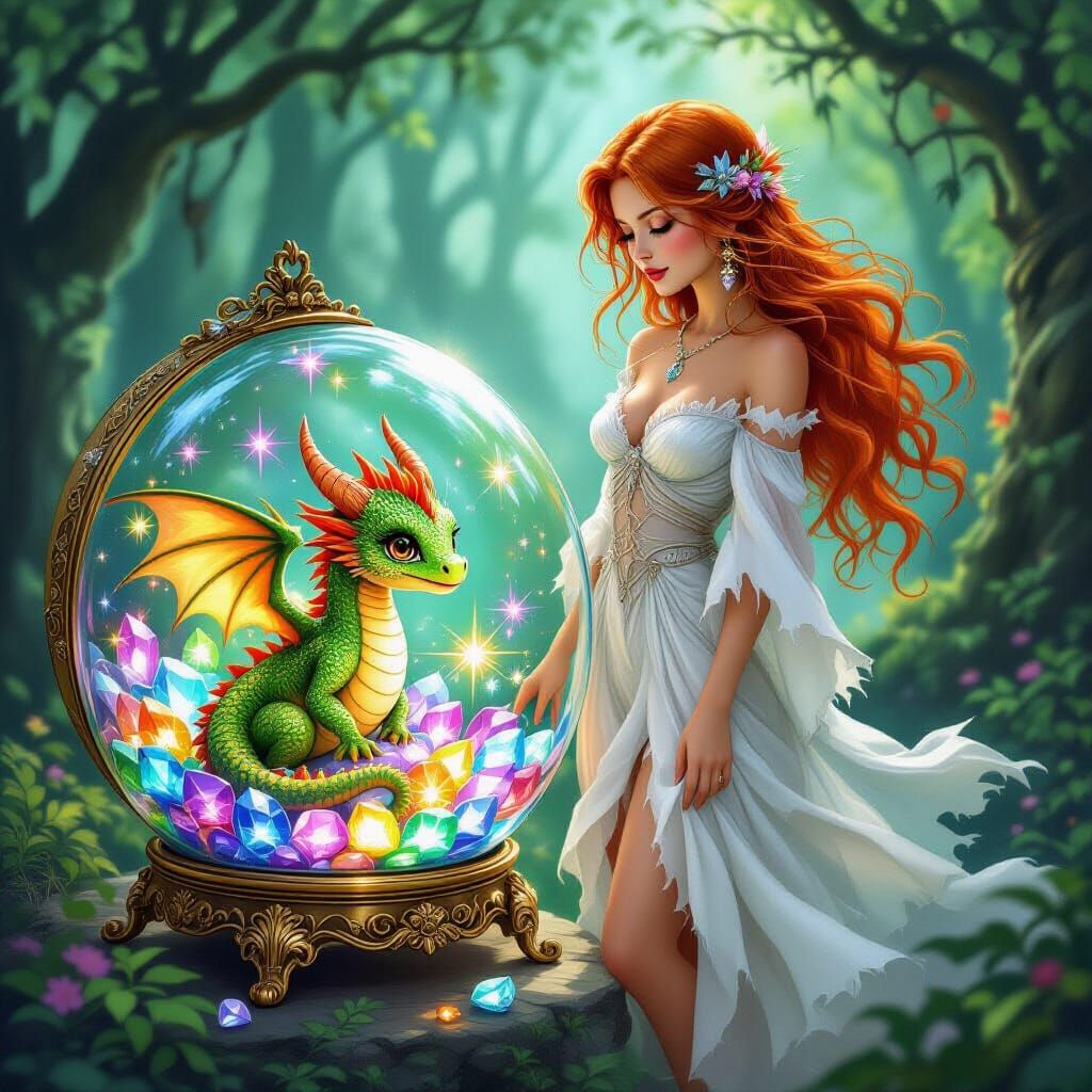 Baby Dragon with Jewels in Mystical Forest
