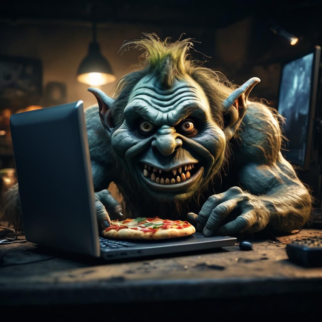 Scared Troll Caricature in Dark Basement, Dramatic Lighting