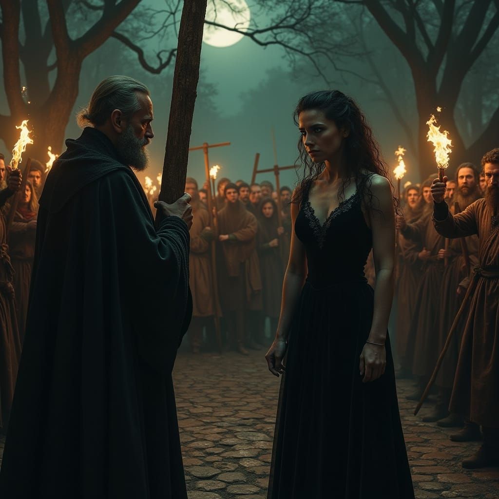 Medieval Woman Confronts Angry Mob in the Shadows of Night
