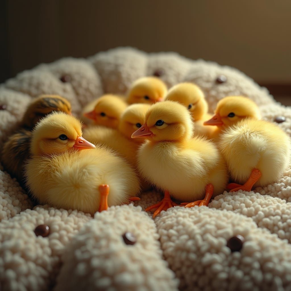 Harmonious Gathering: Ducks and Chickens on Plush Cushion