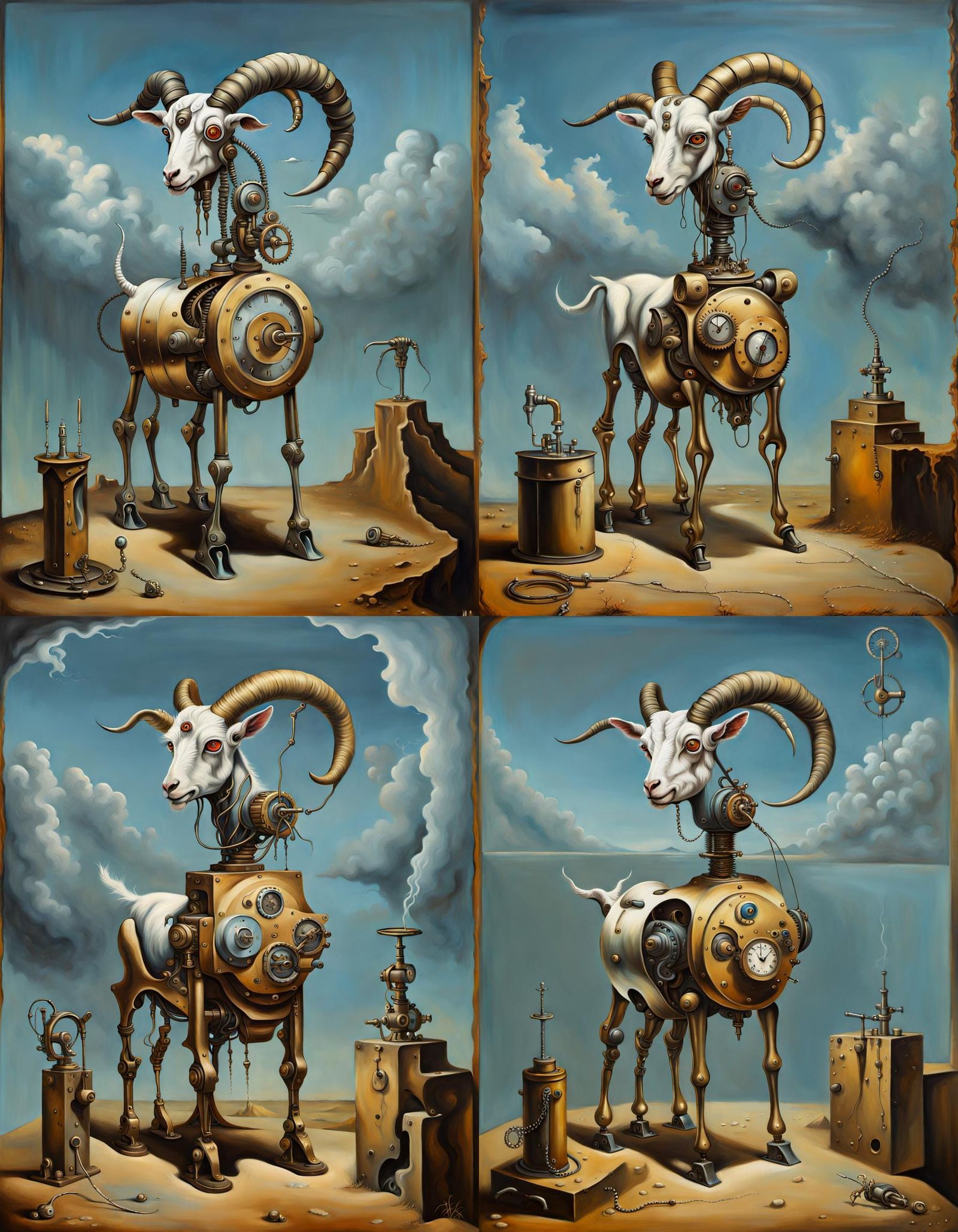 Surreal Clockwork Goat Robot in Salvador Dali Style