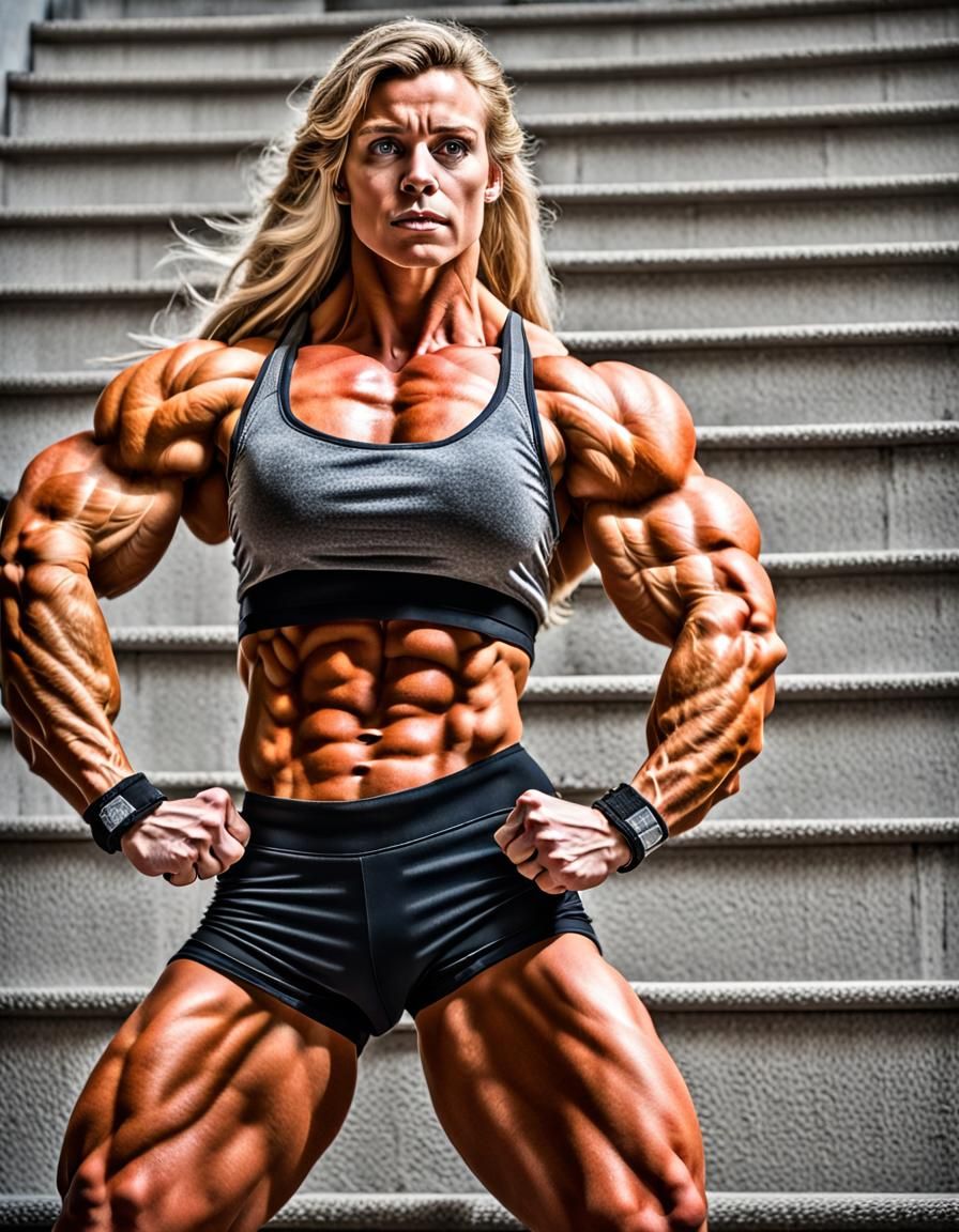 German Female Bodybuilder Flexing Biceps Portrait