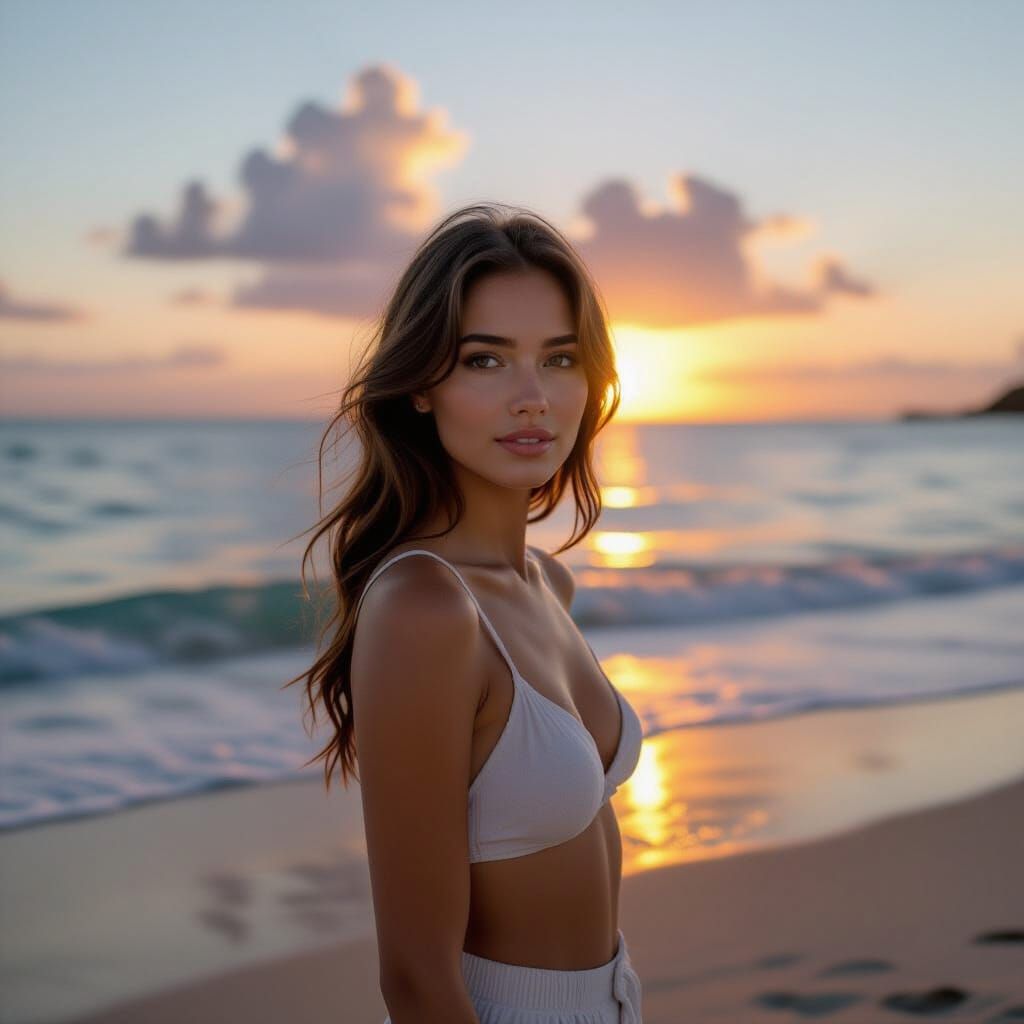 Woman's Silhouette on Beach at Sunset in Studio Portrait Sty...