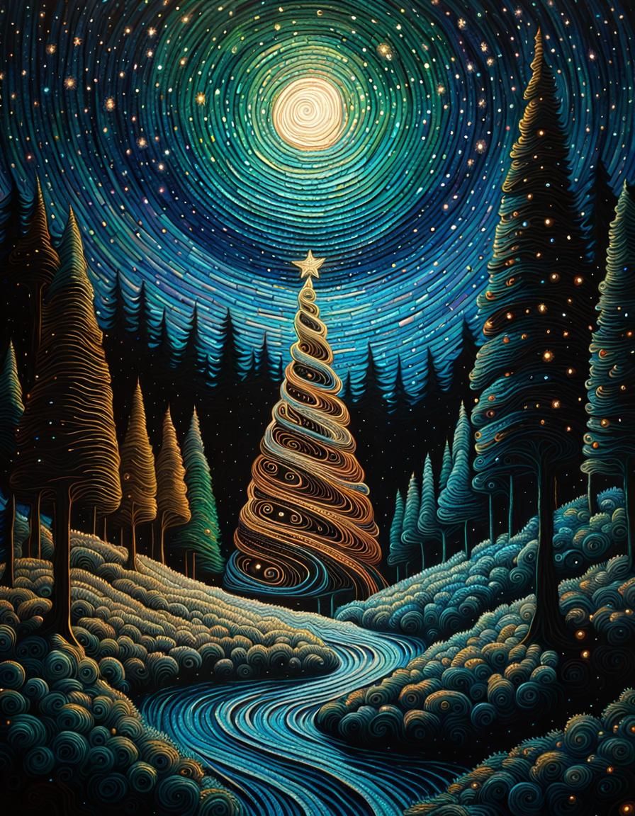 Surreal Galaxy Forest Optical Illusion in Op Art Style