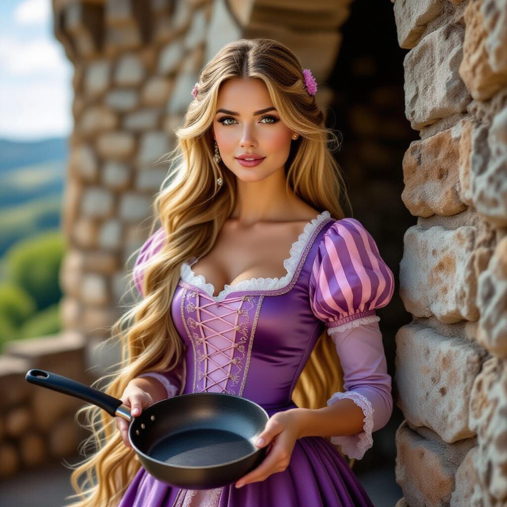 Rapunzel in Purple Dress Holds Frying Pan at Tower