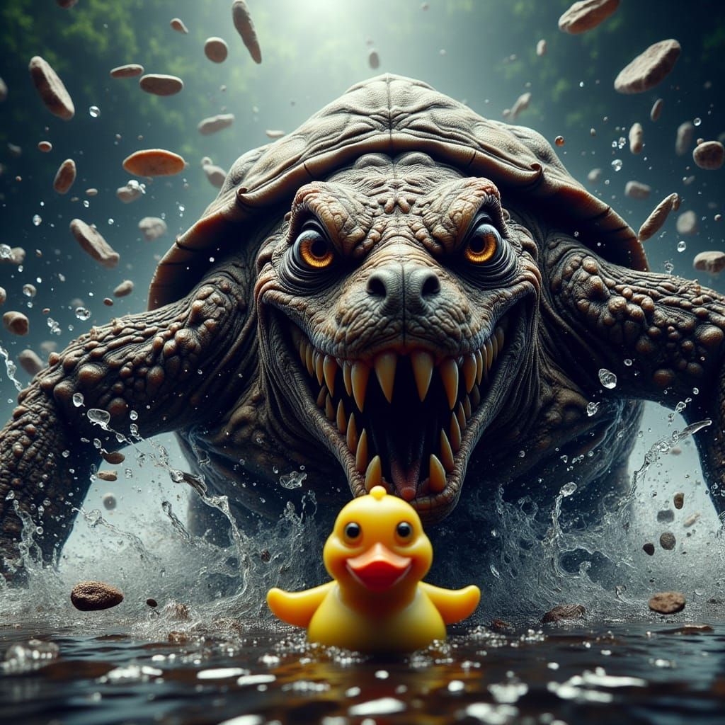 Alligator Turtle Chases Rubber Duck in Realistic Digital Art