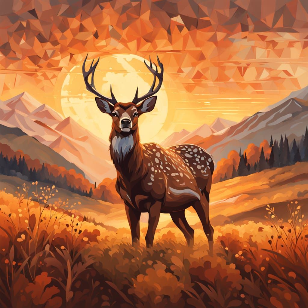 Romantic Sunrise Landscape with Grazing Deer in Earthy Tones