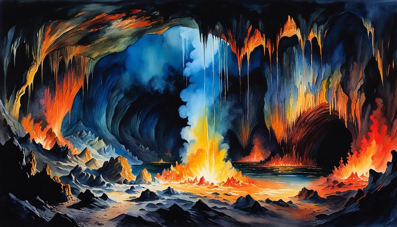 Epic Cave Entrance to Hell in Watercolor