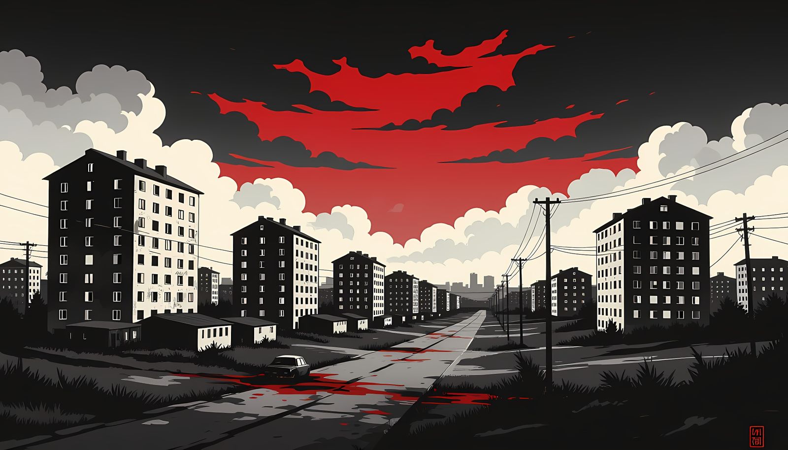 Ink Noir Bloodshed Texture with Soviet Houses in Anime Style