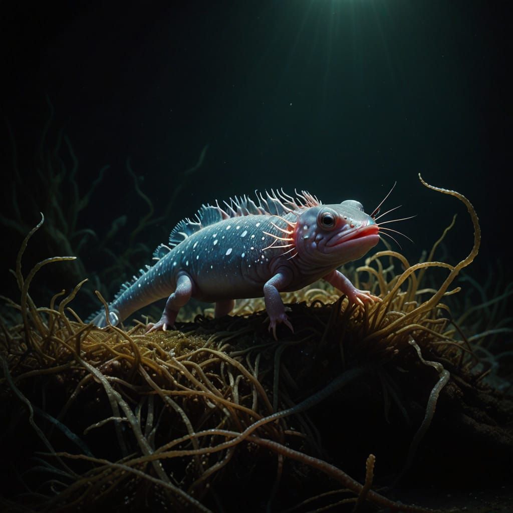 Axolotl Emerges from Mysterious Sea-Grass in Dark, Ethereal....