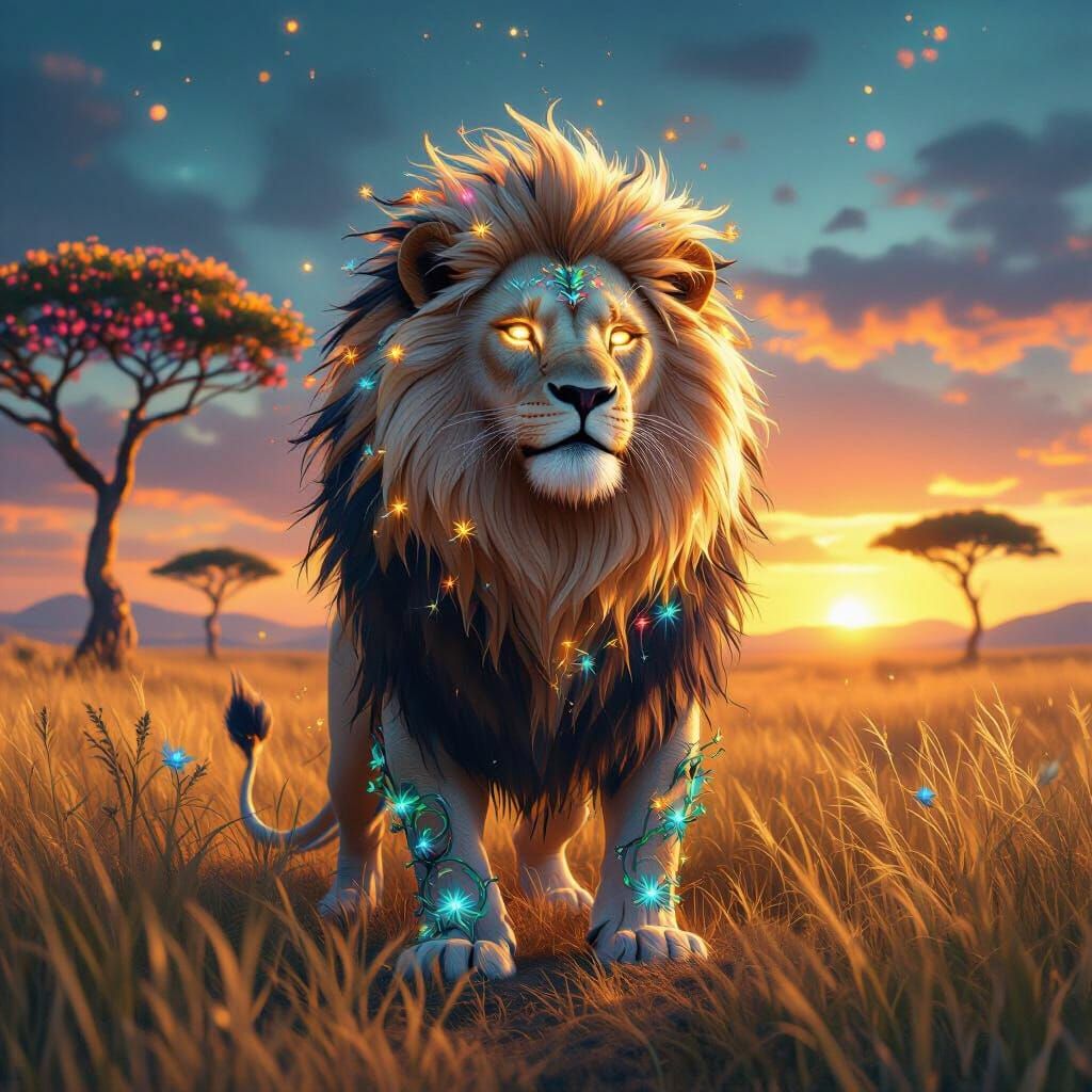 Bioluminescent Flower Lion on the Savannah