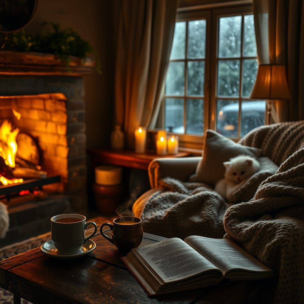 Cozy Living Room with Fireplace and Rain