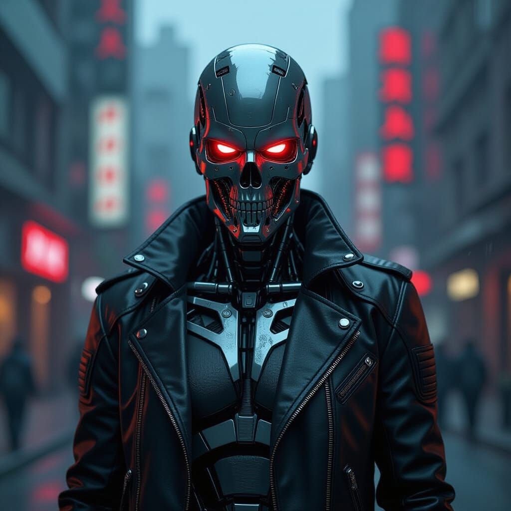 Cyborg Assassin in Dystopian Cityscape