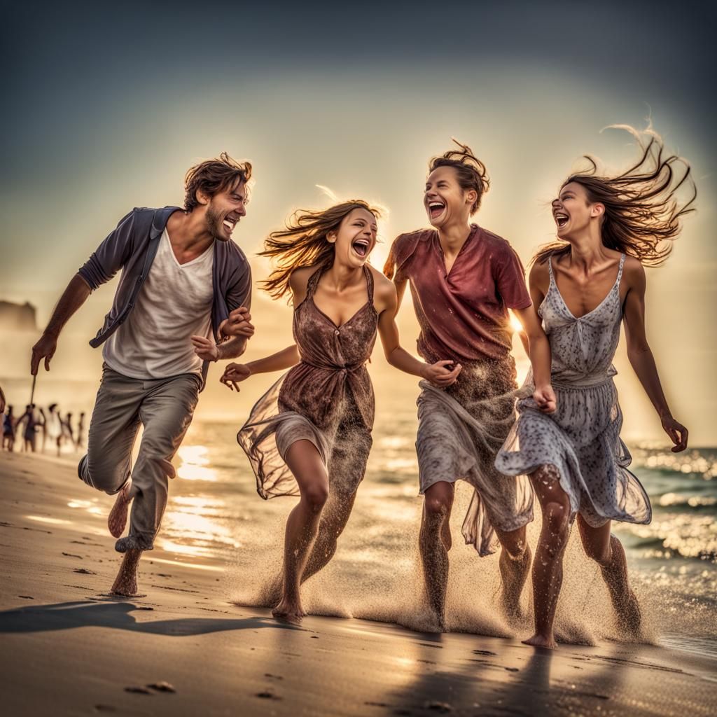 Friends Share Laughter on Beach in Hyperreal Detail