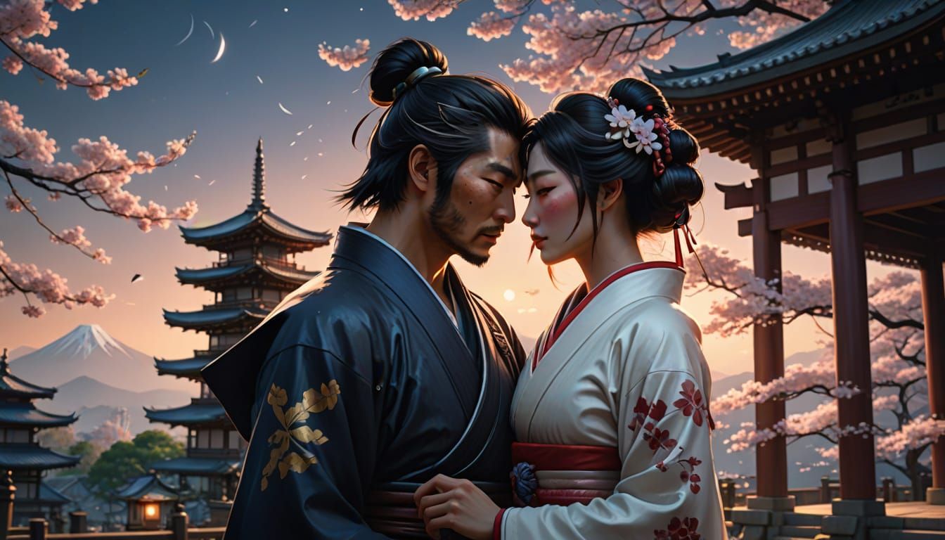 Samurai and Geisha Kiss Under Moonlight in Watercolor Style