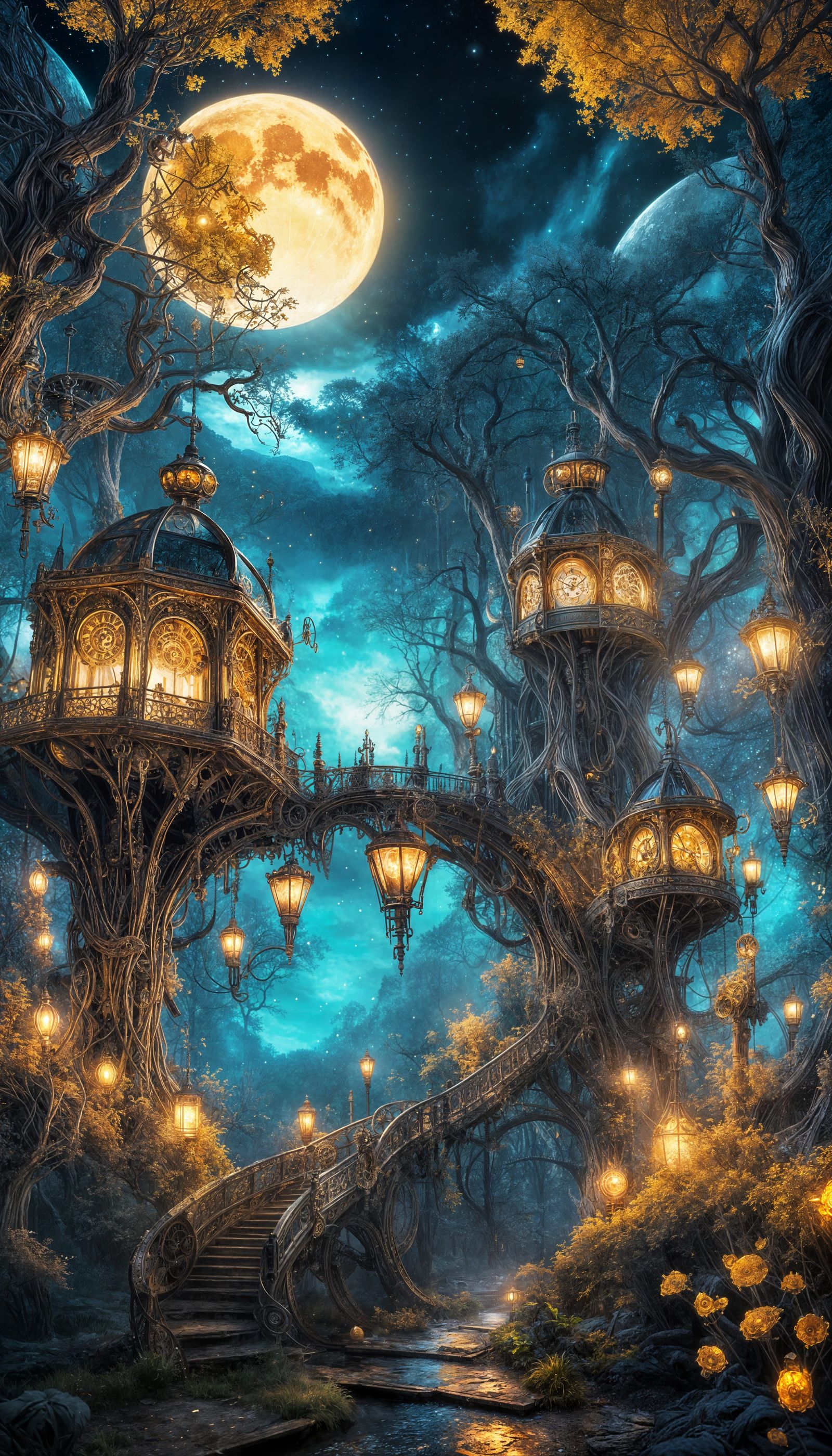 Enchanted Forest with Clockwork Moon: Fantasy Concept Art