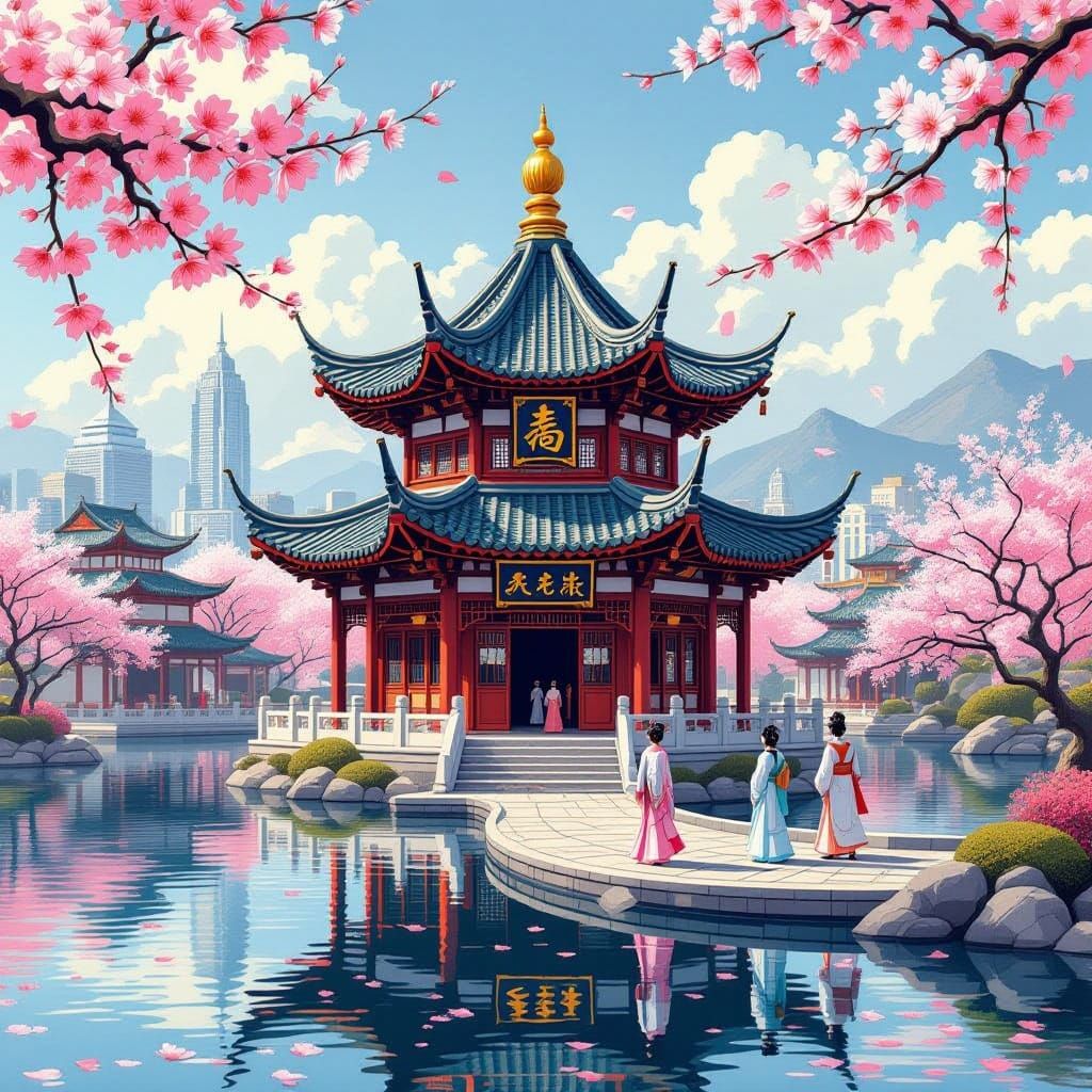 Serenely Majestic Chinese Temple in Lake with Sakura Blossom...