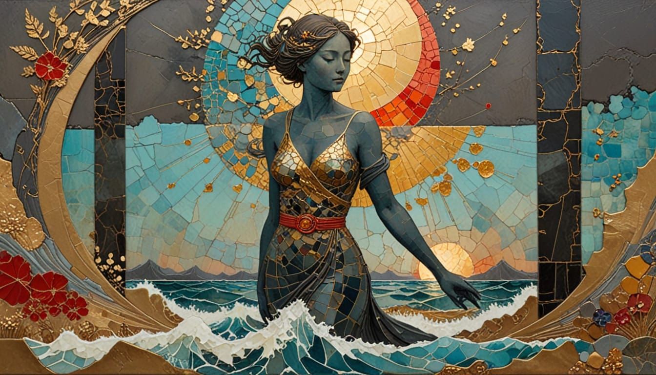 Impasto Ocean Sunset in Vibrant Ochre and Carmine Colors