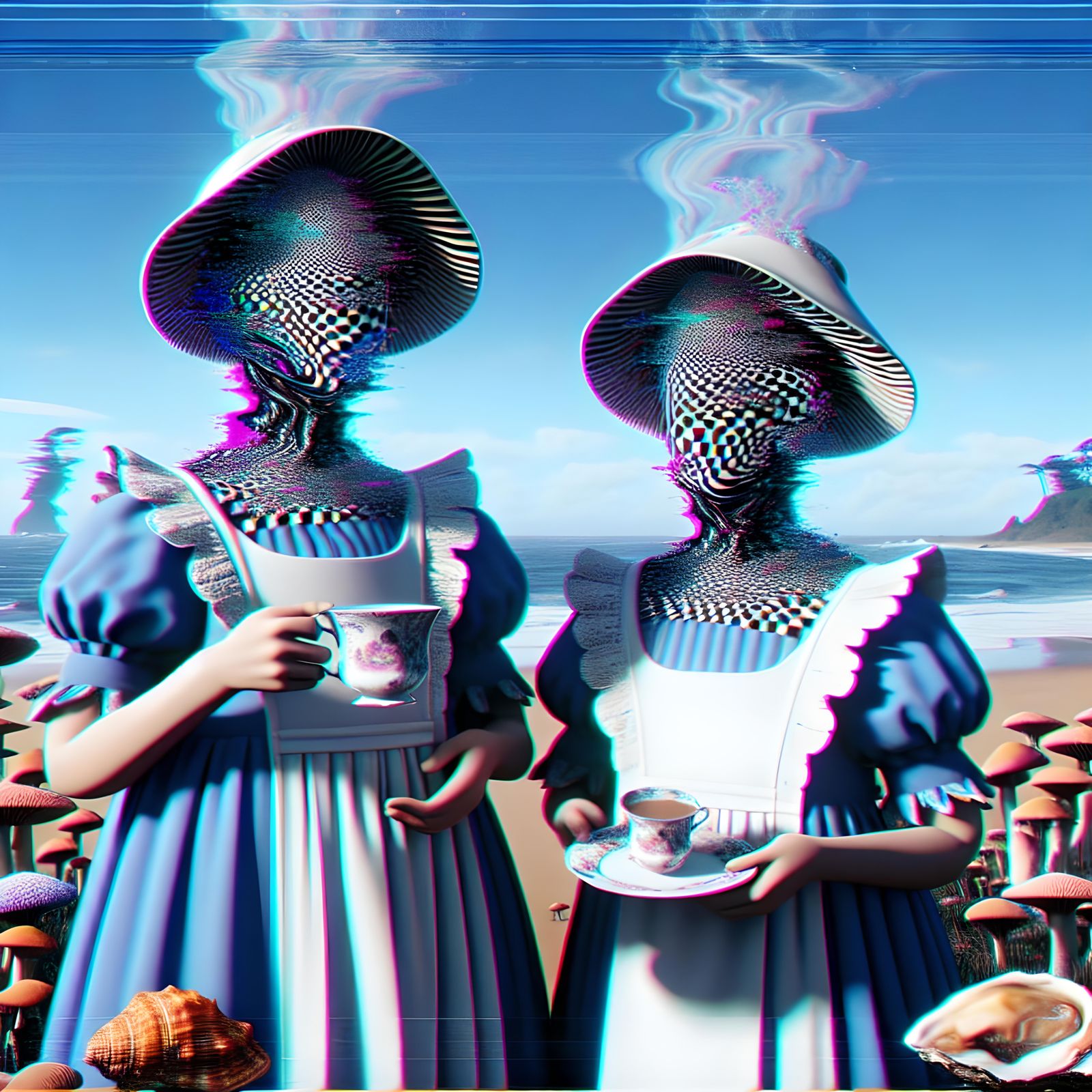 Surreal Glitched Characters Reveal Beach Tea Party
