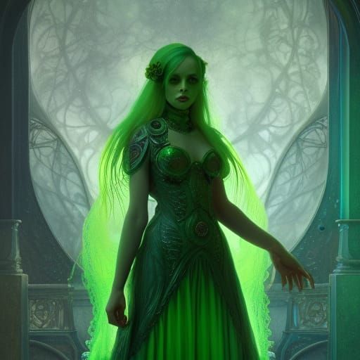 Green Fairy Soul Portrait in Art Nouveau Style