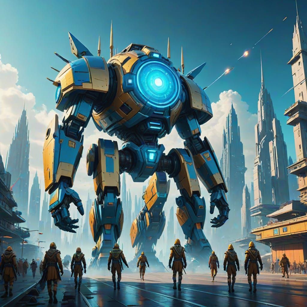 Epic Futuristic Cityscape with Amazon Warriors in Atlantida