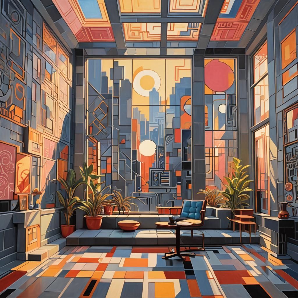 Cubist Interior with Golden Sunlight, Art Deco Style