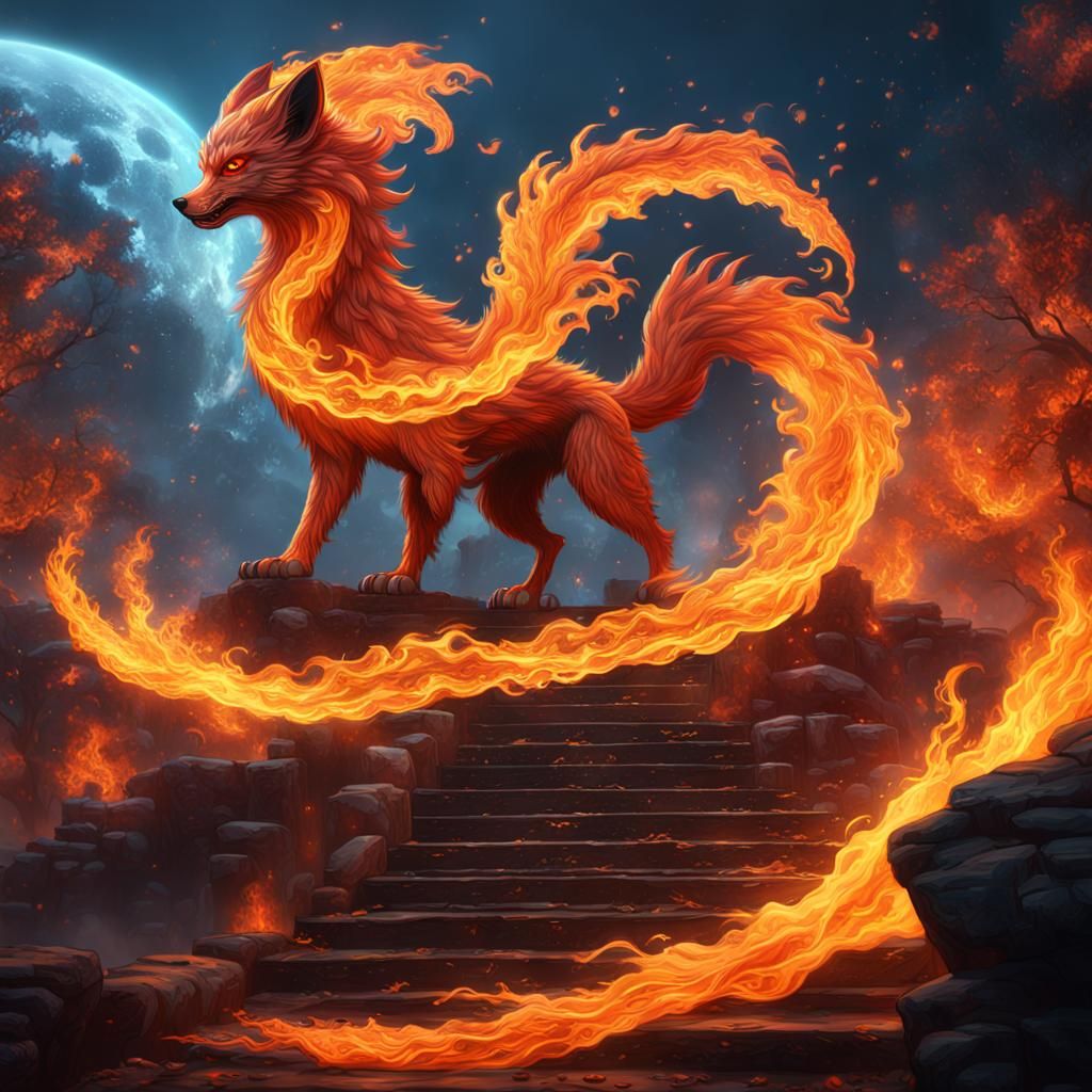 Fiery Nine-Tailed Fox: Detailed Fantasy Art