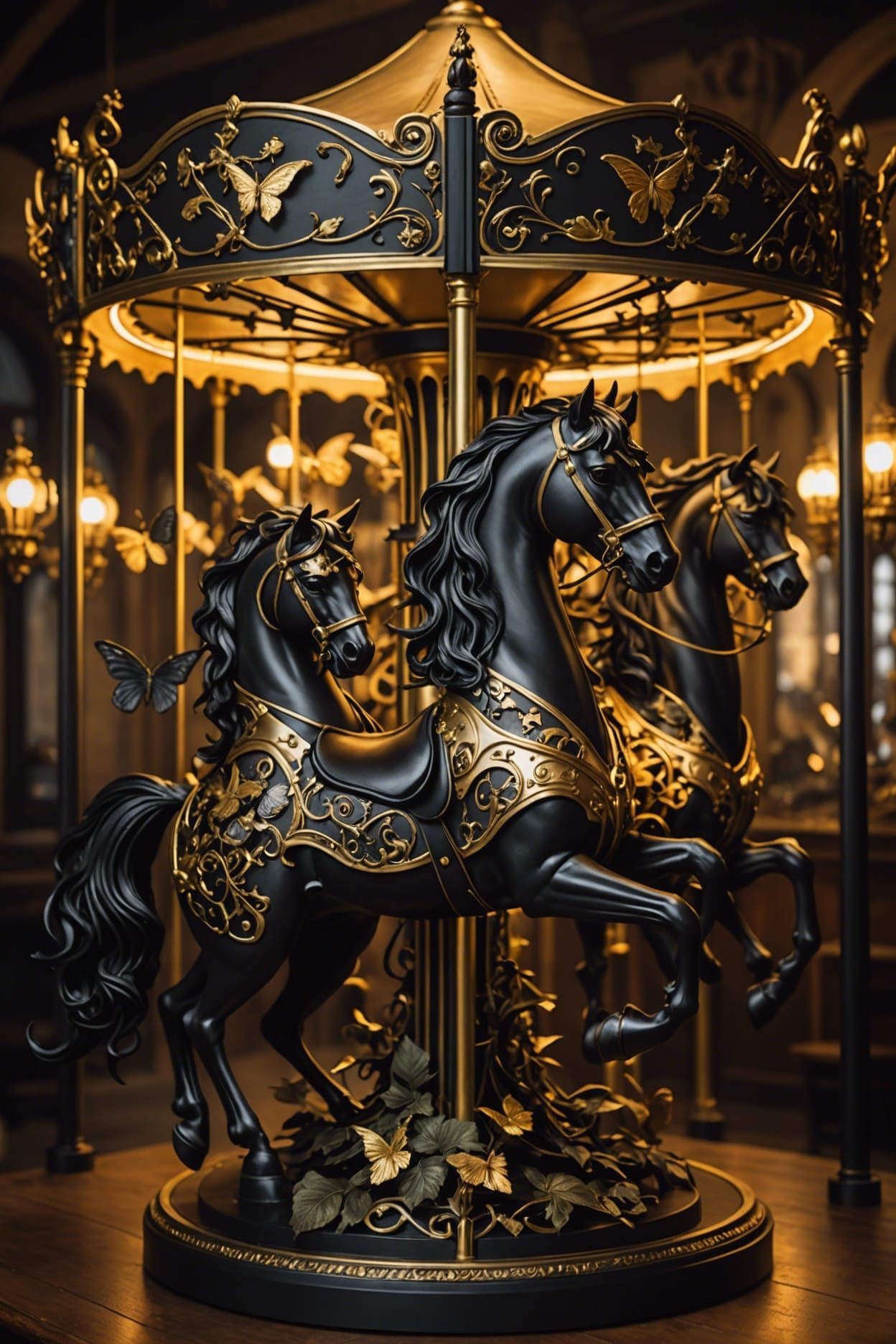 Gothic steampunk carousel horses. Black and gold. Black ivy ...