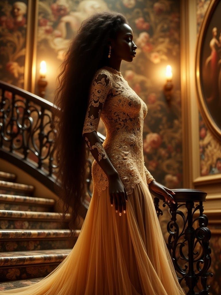 Surreal Black Princess at Grand Staircase in Golden Light