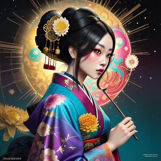 Geisha and Mirrored Reflection in Candy Art Style