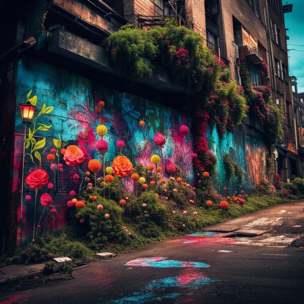 Blooming Graffiti in Overgrown Dystopian City