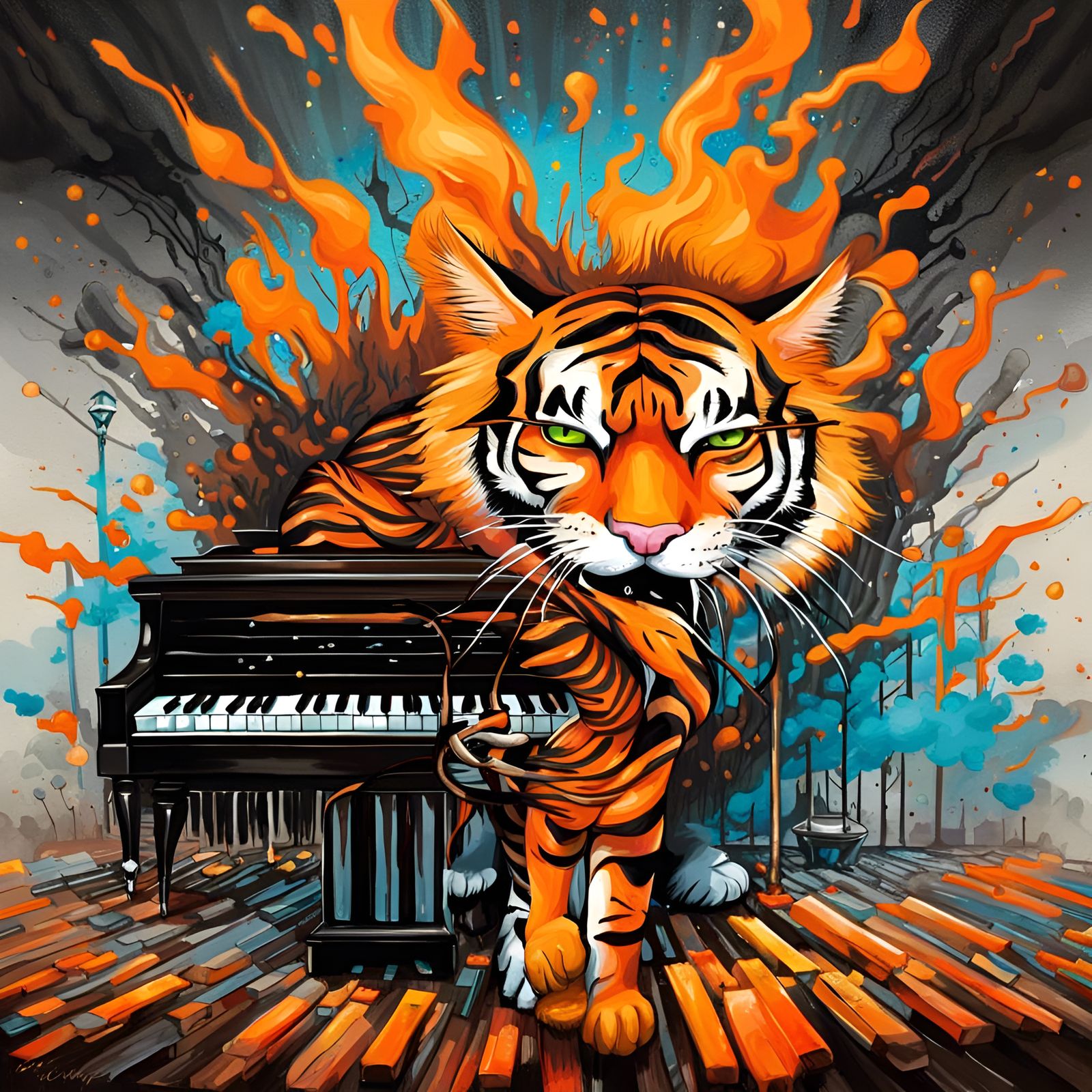 Cat on Piano Keys in Street Art Style