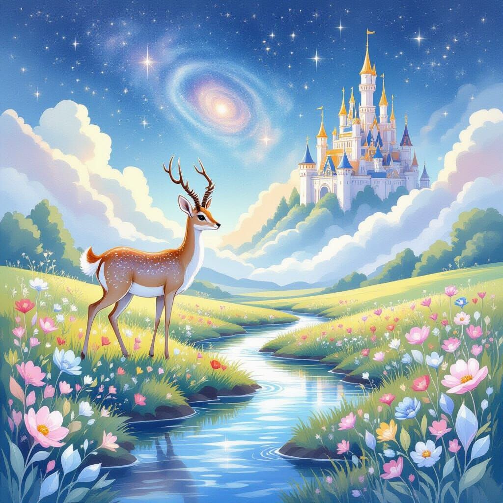 Celestial Gazelle in Ethereal Meadow, Watercolor Style